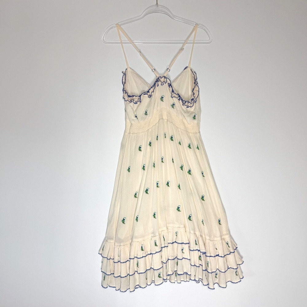 Anthropologie Floreat Cotton Embroidered Ruffle Dress Ivory Blue Floral Size 12 - Picture 7 of 15